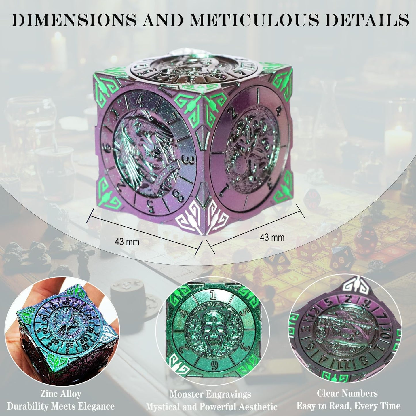 6 Sided Spinner DND Dice - Metal D4 D6 D8 D10 D10% D12 D20 All in One D&D Set - Cool Role Playing Gifts for Dungeons and Dragons TRPG MTG Games Lover Players Purple
