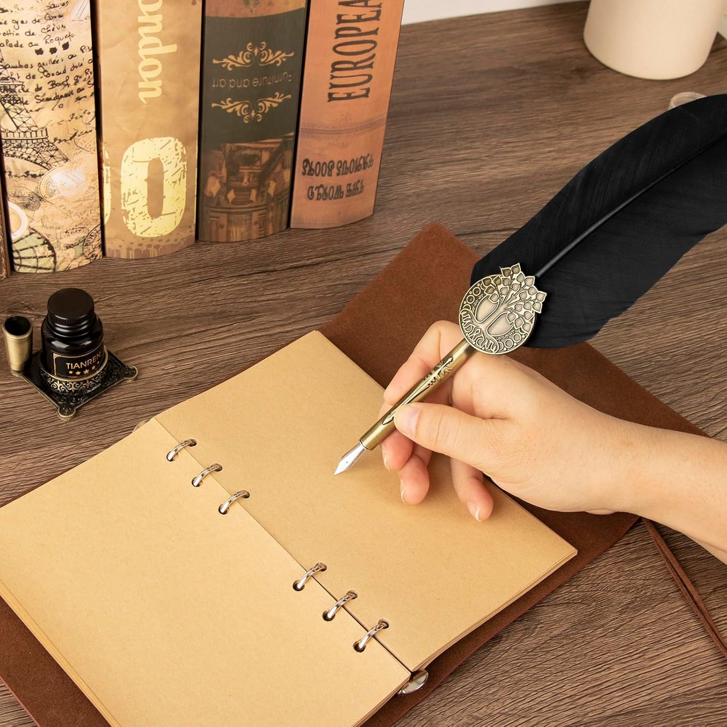 Quill pen ink set,Feather Pen and Ink Set,Antique Calligraphy Pen with 4 Replaceable Nibs,2 Bottle of ink,Feather Dip Pen Holder Christmas Gift for Men&Women.(Black)