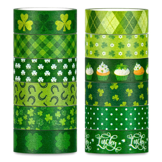 Whaline 12 Rolls St. Patrick's Day Washi Tape Green Shamrock Washi Masking Tape 15mm Clover Plaids Lucky Holiday Paper Tape Sticker for Irish Party Scrapbook Gift Packing DIY Craft Decor, 16.4Ft