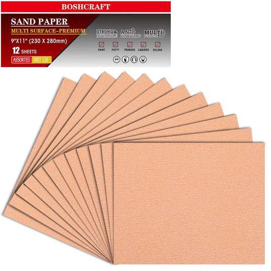 120 Grit Sandpaper Set - Assortment for Wood & Metal - 9" x 11" Sheets, 12 Sheets