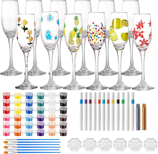 6 Sets Paint Your Own Wine Glass Set with 12 Markers, 2 Outliners, 36 Acrylic Paint Strips, 12 Brushes and 6 Palette for Adults, Ladies Night or Couple