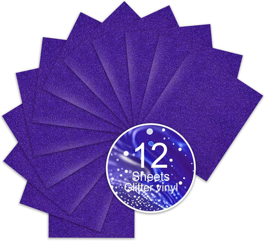 Blue Purple Glitter HTV Sparkly Heat Transfer Vinyl – 12 Pcs 12x10Inch Iron-On Vinyl Sheets for T‑Shirts & DIY Craft Gifts, Easy to Cut & Weed, No‑Flake & Washable, Work with All Cutter Machines