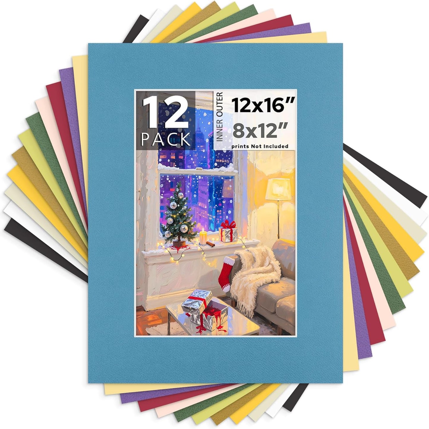 Mat Board Center, 12X16 Mix Color Mats for 8X12 Pictures - Acid Free, 4-Ply Thickness, White Core, Bevel Cut - for Artworks, Photos, Framing - Pack of 12