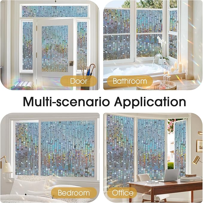 Windimiley Rainbow Window Privacy Film, 3D Stained Glass Christmas Decorative Window Clings, UV Heat Blocking Holographic Prism Stickers for Home (35.4 x 78.7In,Brown)