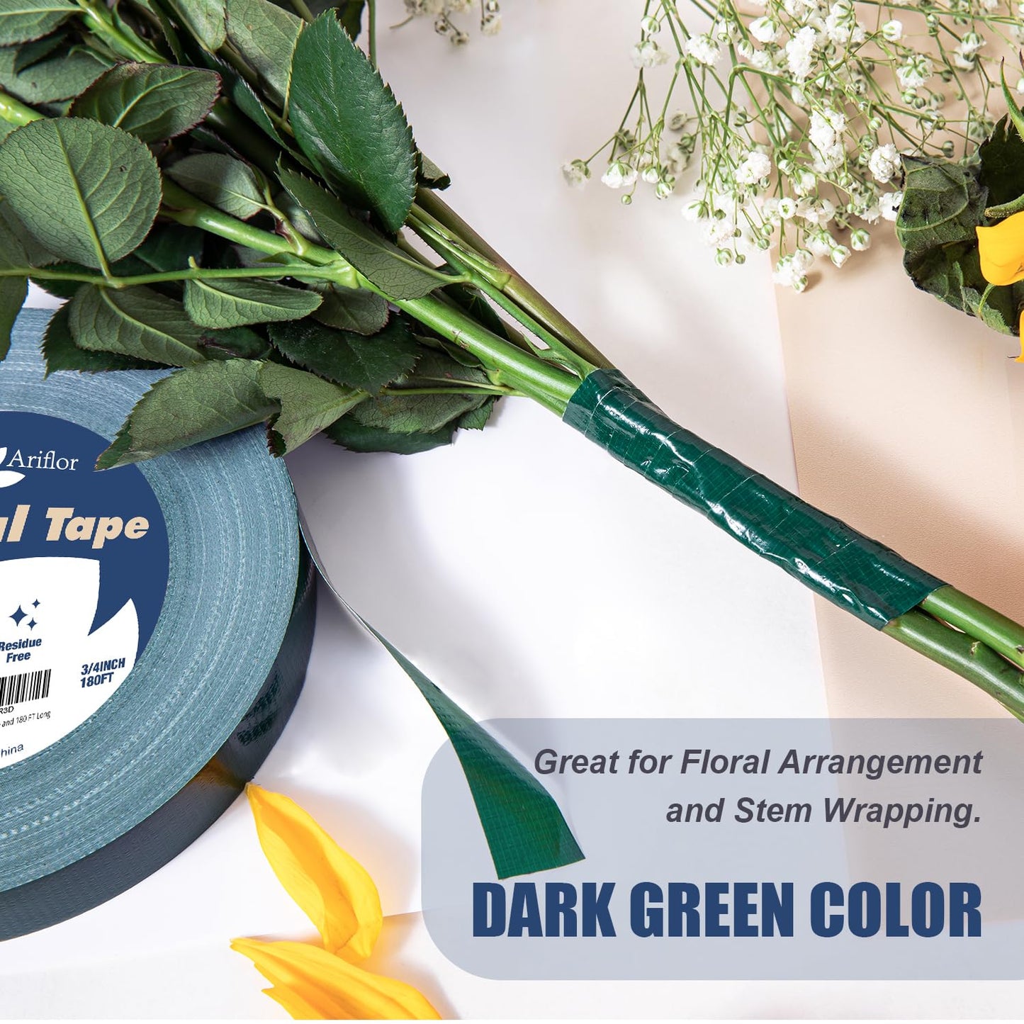 Green Floral Tape - Flower Wrap Adhesive Tape Bouquet Stem Wrapping and Floral Crafts, Wedding Bouquet Tape - 3/4 inch Wide and 180 FT Long