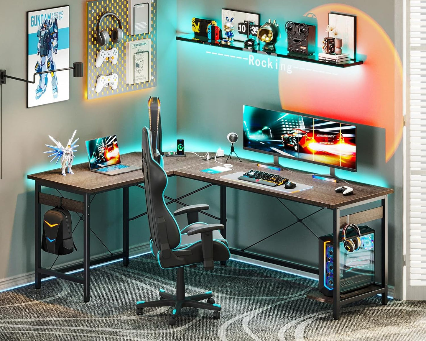 Coleshome 66" L Shaped Gaming Desk with Outlet, L Shaped Desk with CPU Stand, Corner Computer Desk, Home Office Desk, Writing Desk, Grey Oak