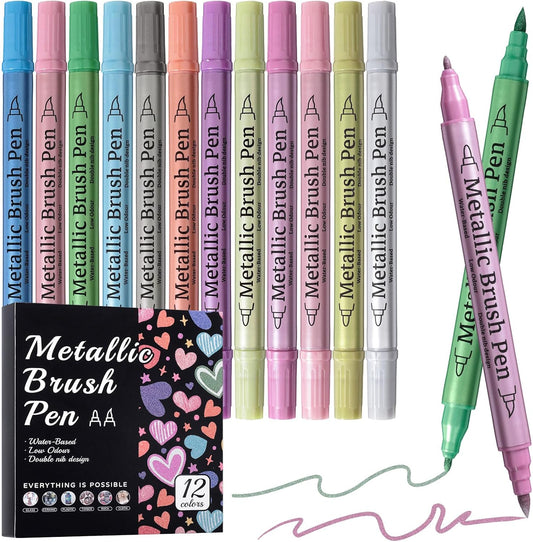 12 Pack Metallic Markers, Dual Tip Glitter Pens for Black Paper & Rock Painting Metallic Acrylic Paint Markers for DIY Crafts, Scrapbooking, Glass, Wood, Cards Alcohol Based Quick Dry Ink