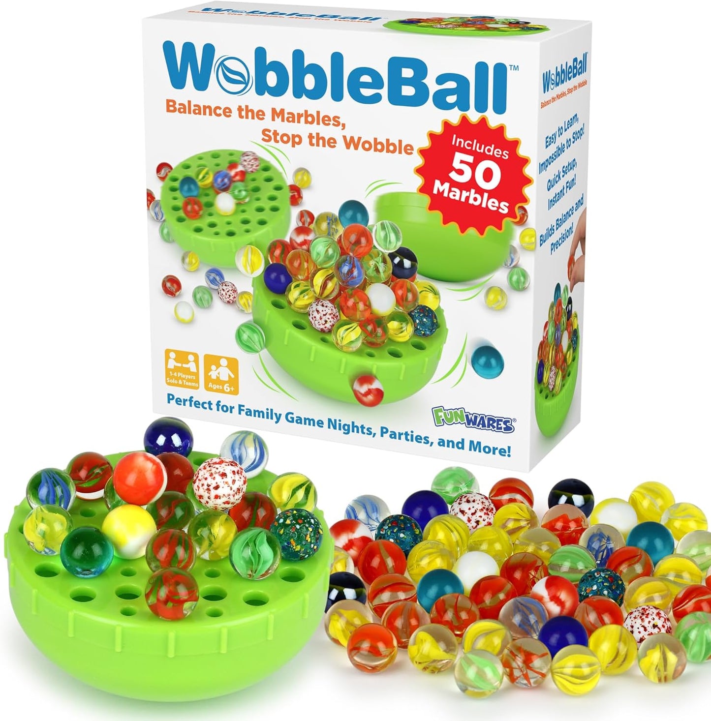 Funwares WobbleBall Marble Balance Game, 50 Marbles Included, Skill & Dexterity Games for Kids & Adults, Family Party Game for 1-4 Players, Ages 6+