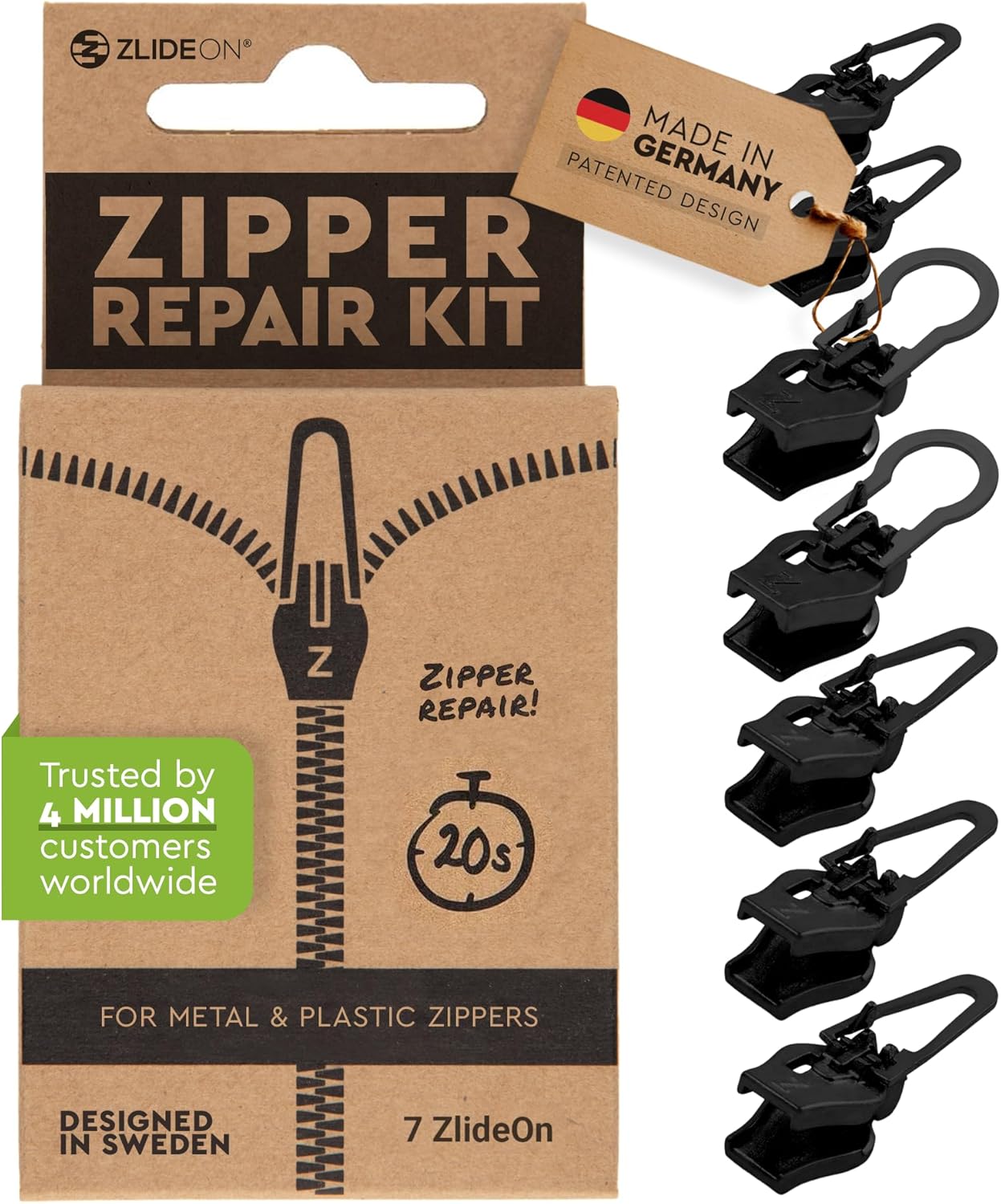 ZlideOn Zipper Pull Replacement - 7pcs, Black, Large - Instant Zipper Replacement Slider Multipack