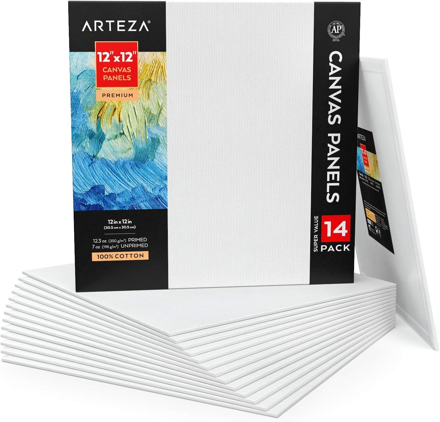 Arteza Canvas Boards for Painting, Pack of 14, 12 x 12 Inches, Square Blank Canvas Panels, 100% Cotton, 12.3 oz Gesso-Primed, Art Supplies for Acrylic Pouring and Oil Painting