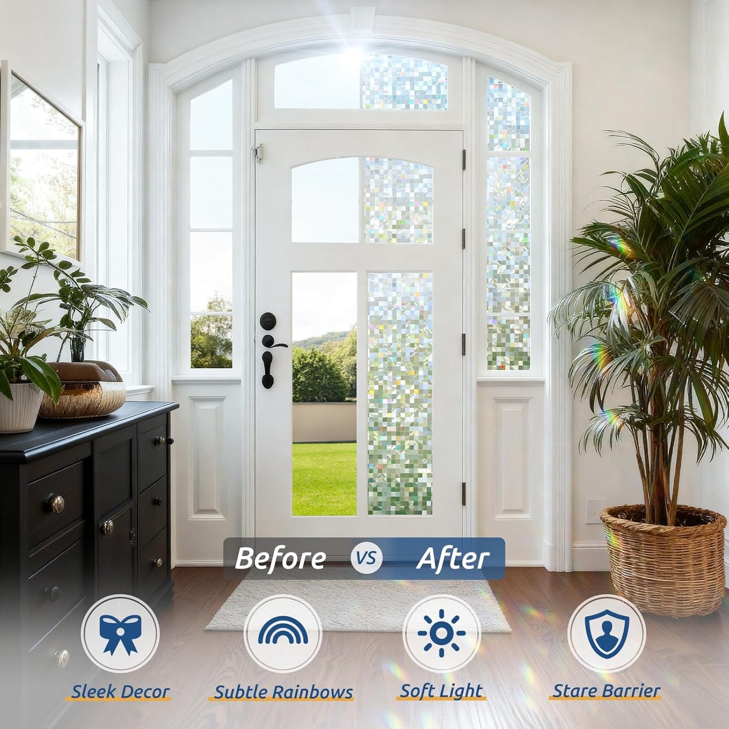 rabbitgoo Stained Glass Window Privacy Film Mosaic Pattern, Frosted Glass Window Film Rainbow Decorative Sticker, Static Cling UV Blocking Suncatcher for Home, 35.4 x 78.7 Inches