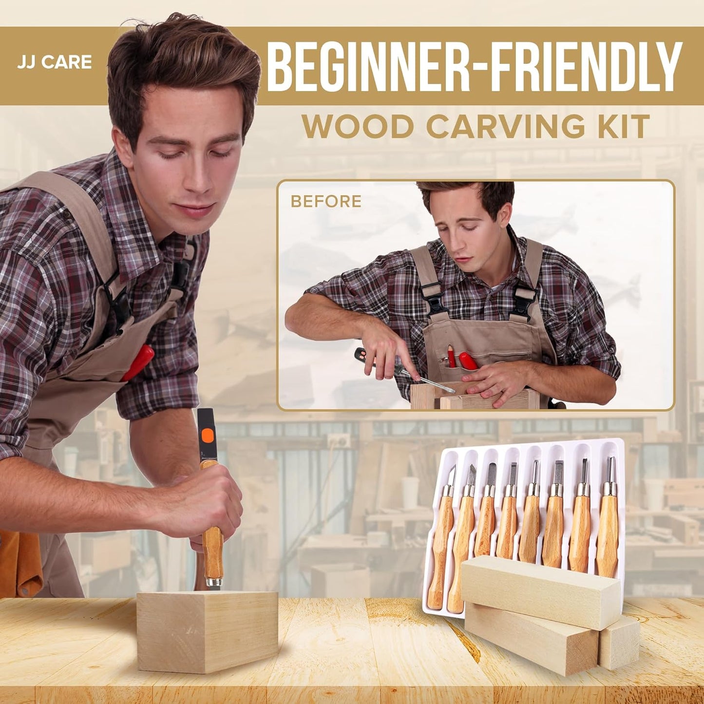 JJ CARE Wood Carving Kit [8 SK7 Carving Knives with Beechwood Handle, 10 Basswood Carving Blocks, and 1 Grinding Stone] - Beginner Wood Carving Kit, Wood Carving Tools Set, Wood Carving Set for Kids