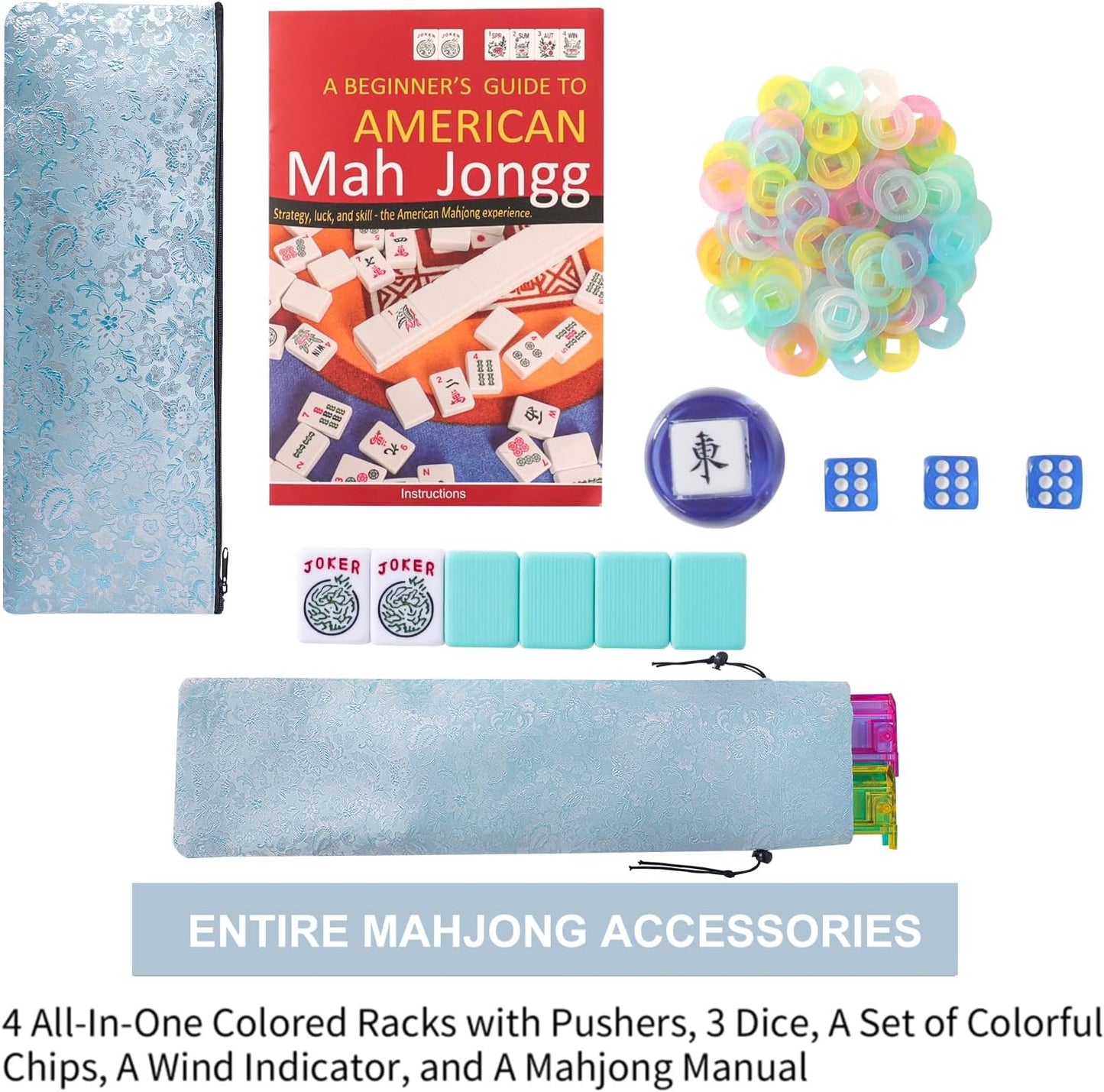 American Mahjong Game Set, 166 Light Green Tiles, Blue Bag with Entire Accessories, 4 All-in-One Rack/Pushers, Mahjong Tiles Set