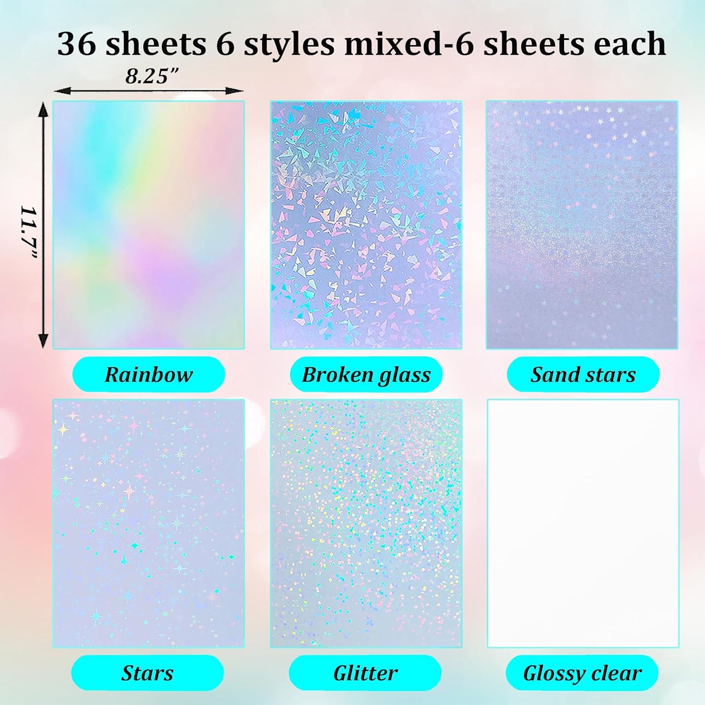 36 Sheets Holographic Sticker Paper Waterproof 8.5" x11'' Clear Vinyl Sticker Sheets Self-Adhesive Rainbow Overlay Sheets with 6 Styles Mixed