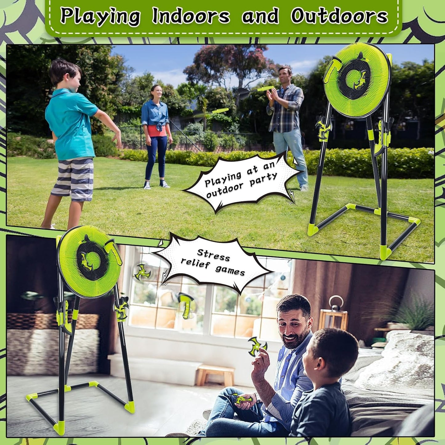 Axe Throwing Game for Backyard - 4 in 1 Outdoor Games for Kids Adults Family - Bristle Target, Bow & 5 Arrow, 3 Throwing Axes, 3 Ninja Stars, 6 Darts Includes - Archery Games for Yard Lawn Carnival