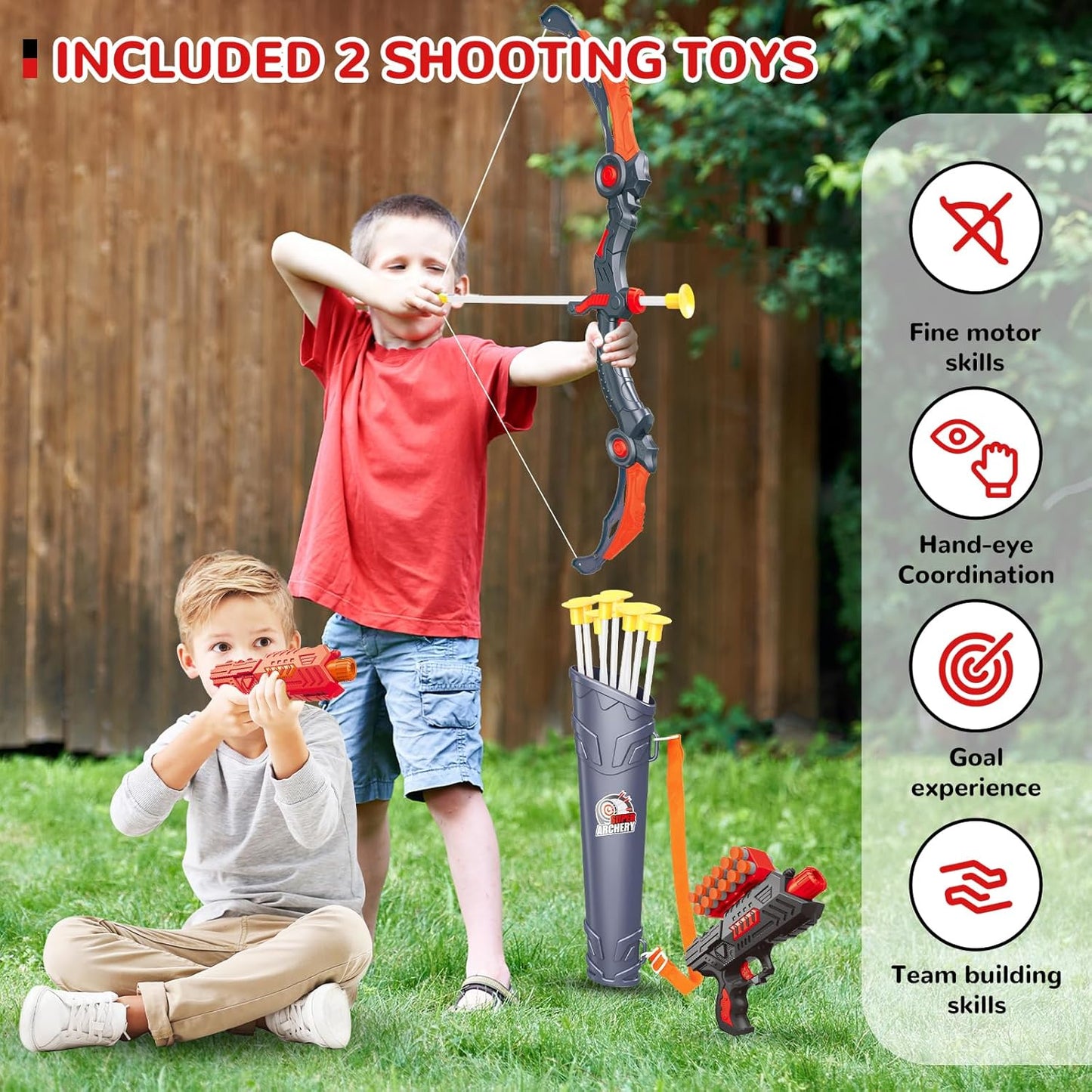 GMAOPHY 2 Pack Bow and Arrow Toy for 5 6 7 8 9 10 11 12 Year Old Boys, Birthday for Kids, Indoor Outdoor Sport Games Toys for Ages 4-8 8-12, LED Light Up Archery Set with 20 Toy Arrows (Red)