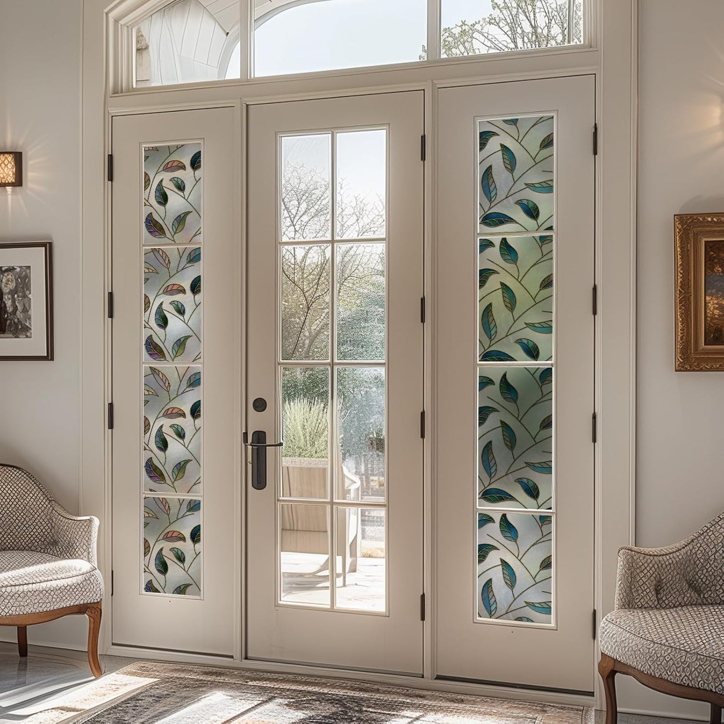 DKTIE Static Cling Decorative Window Film Vinyl Non Adhesive Privacy Film with Installation Kit, Multilayer UV Inkjet Technology, 3D Thickened Stained Film, Vintage Leaf Pattern, 35.4 x 78.7 Inches