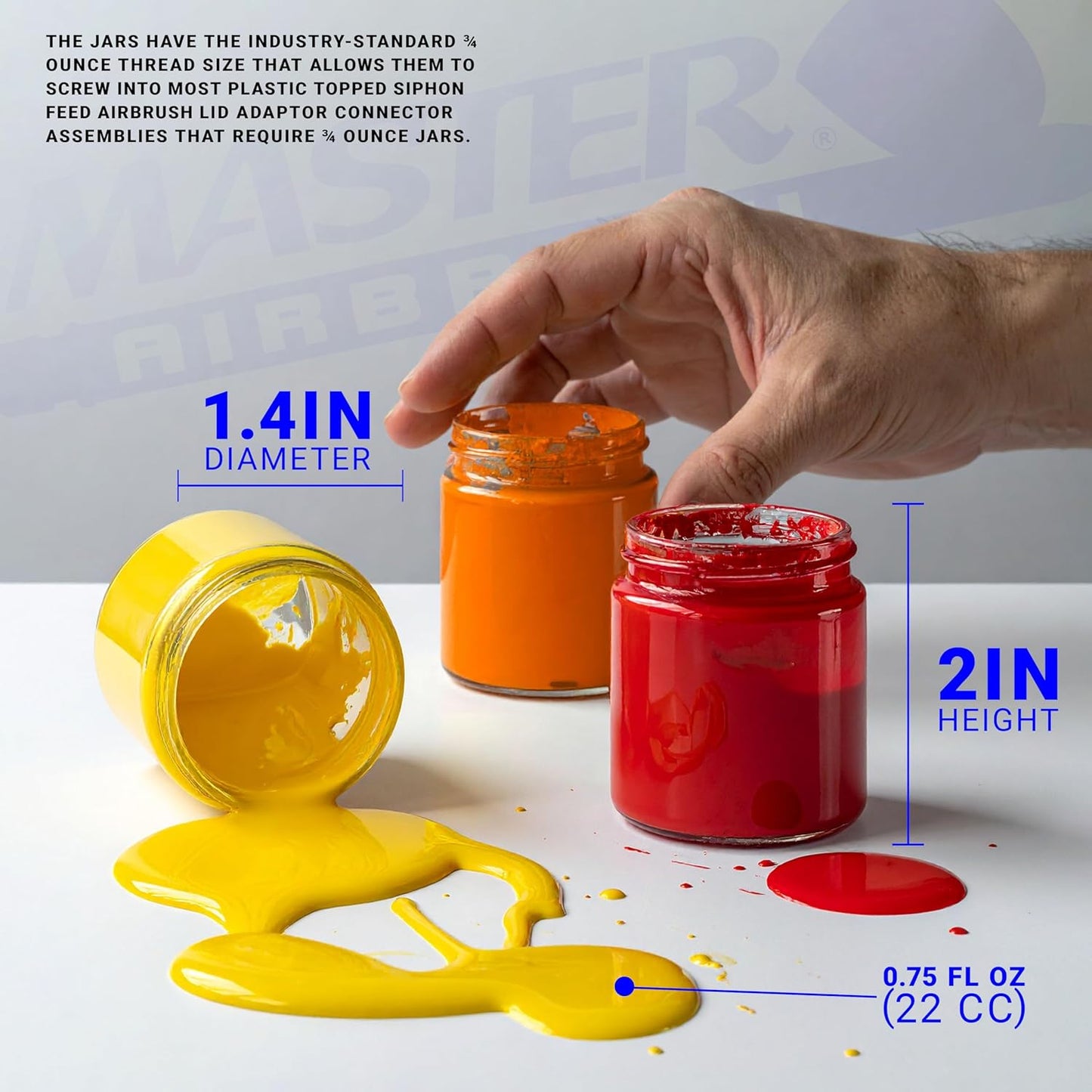 Master Airbrush (Pack of 10) TB-003 Empty 3/4 Ounce (22cc) Glass Jar Bottles with 60° Down Angle Adaptor Lid Assembly - Fits Single-Action Siphon Feed Airbrushes, Use with Master Badger Paasche, Iwata