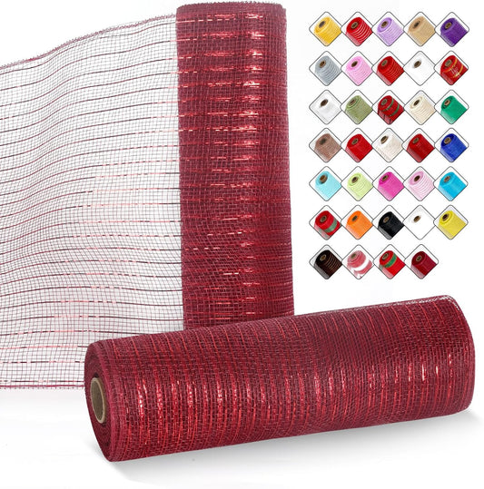 2 Rolls Mesh Ribbon for Wreaths 10 Inch x 30 Foot Wreath Mesh Rolls with Metallic Foil for Easter Christmas Party Wedding Home Decor DIY Craft Projects and Gift Wrapping (Wine Red)