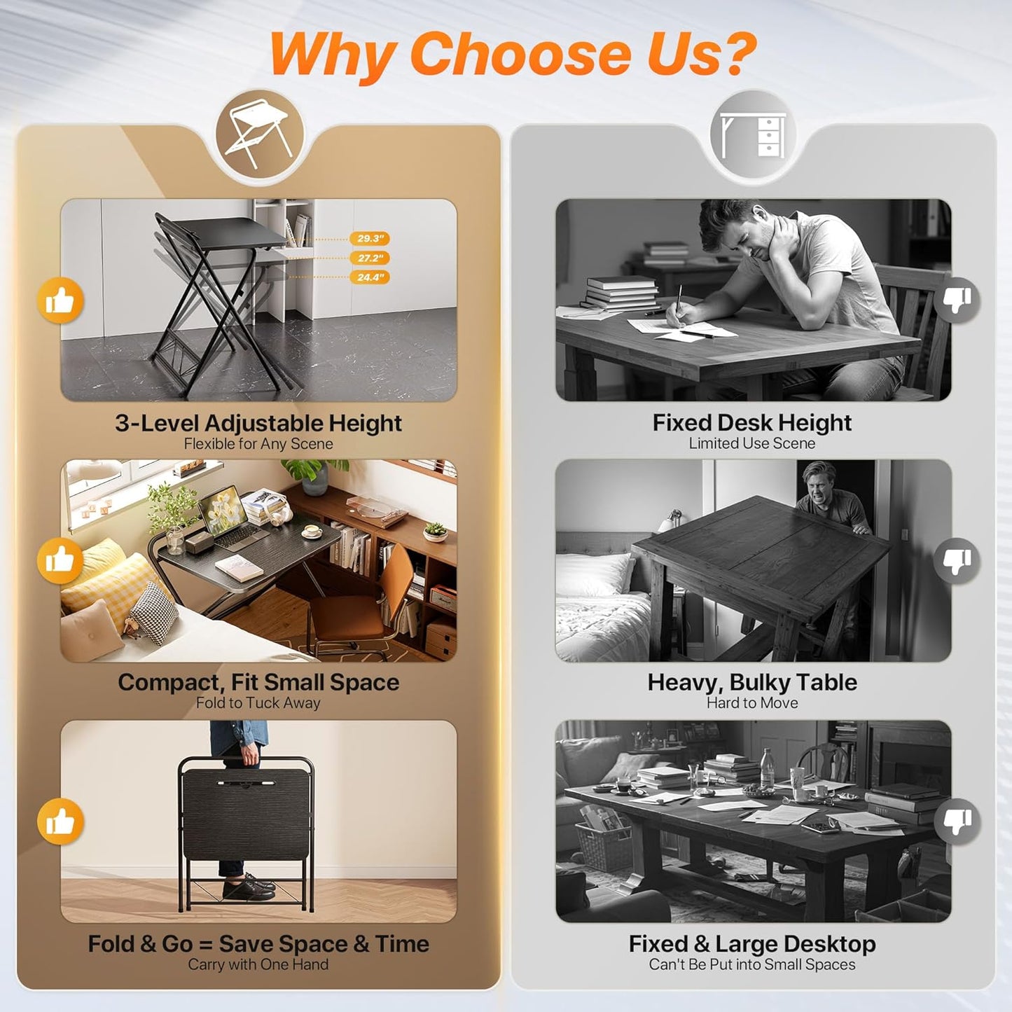 Huuger Folding Desk with 3-Level Adjustable Height and Tablet Slot, 24 Inch Foldable Computer Desk for Small Spaces, Space Saving, Study Writing Work Table for Home Office, Bedroom, Study, Black