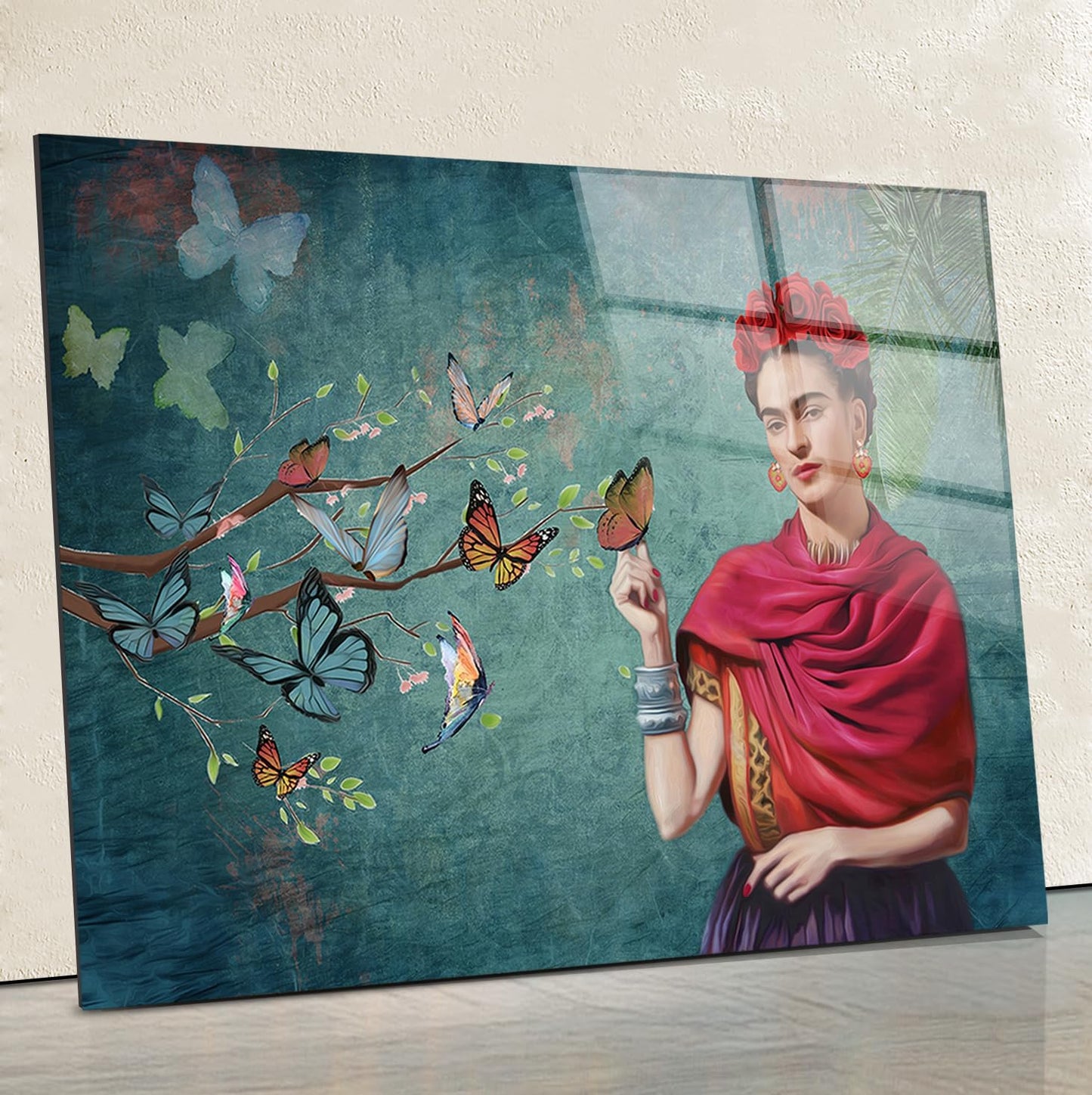 SpiritualHands Frida Kahlo Glasss Wall Art Print, Home Decor Glass Wall Art Artwork for Living Room, Pictures for Bedroom, Hanging Painting Tempered Glass Art