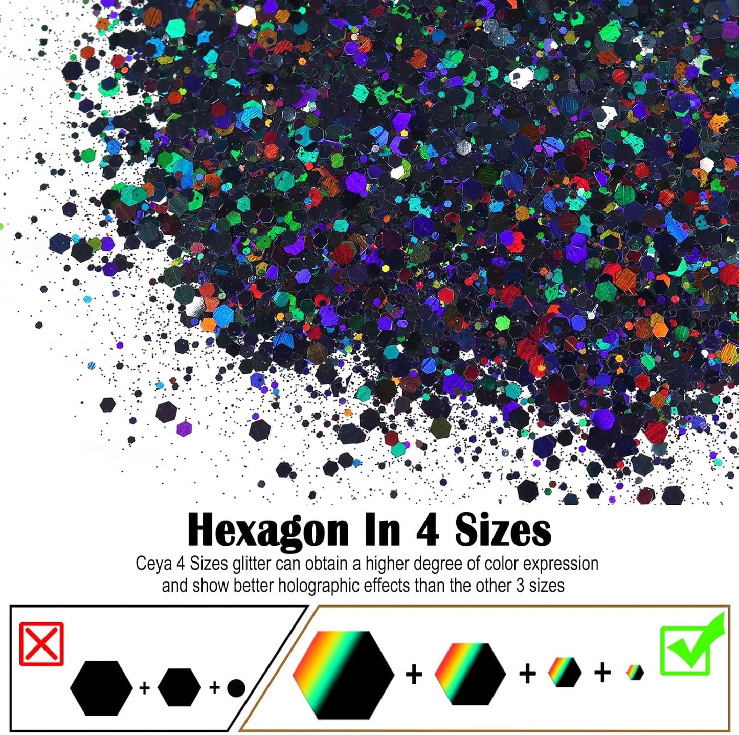 Ceya Holographic Chunky Glitter, 1 LB/ 16OZ Laser Black Bulk Craft Glitter Mixed Chunky Fine Glitter Bottled Metallic Flake Nail Sequins for Resin, Tumblers, Scrapbooking, Festival Decor, Art Project