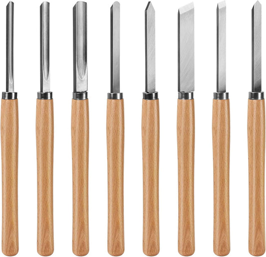 HAUTMEC Professional Wood Turning Chisel 8 pcs Set, Lathe Chisel Set with 2 Skew 1 Spear Point 1 Parting 1 Round Nose & 3 Gouge Tools for Beginners, Hobbyists and Professionals HT0237-WW