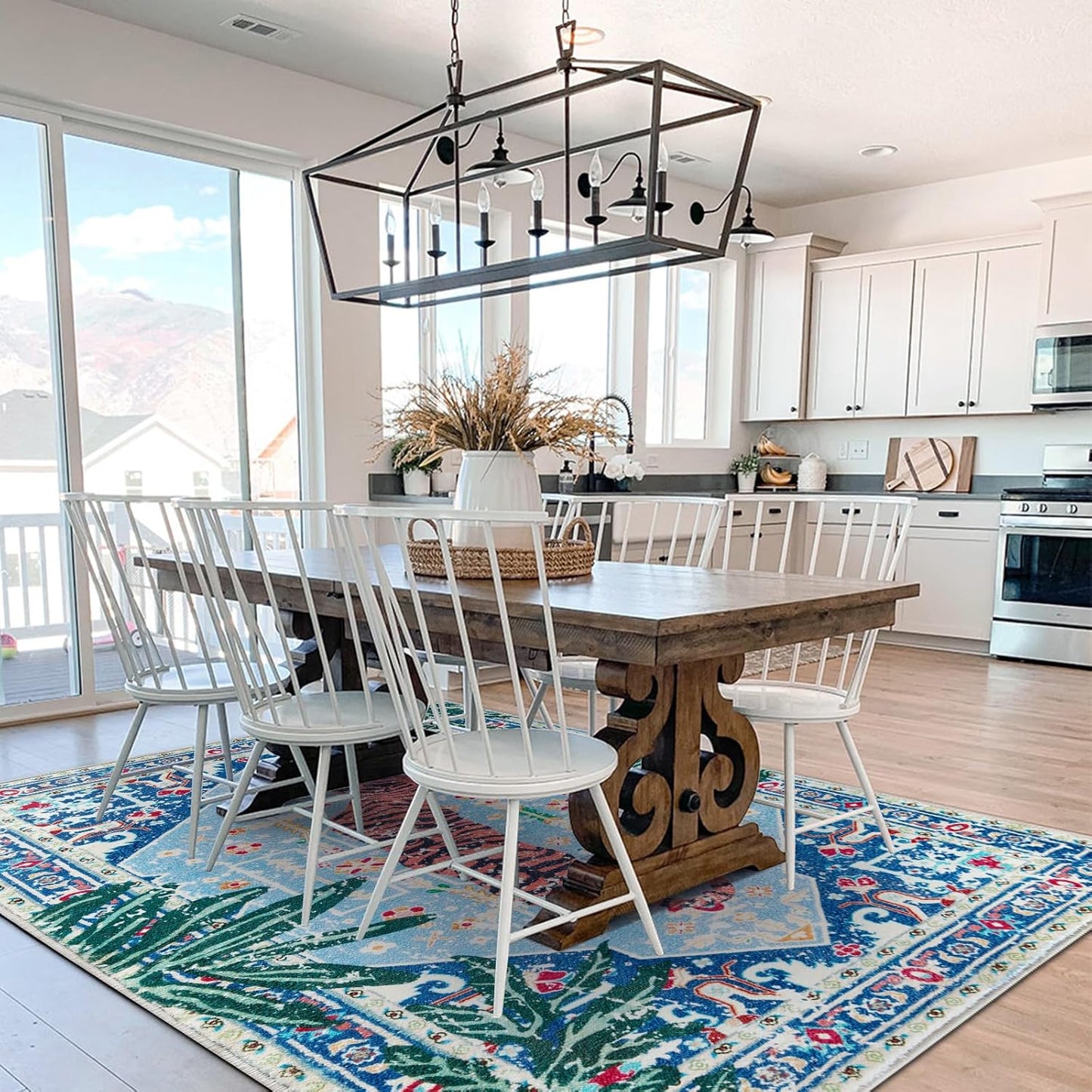 Washable Blue Rugs Thin Oriental Boho Vintage Tropical Jungle 9x12 Area Rugs for Bedroom Kitchen Dining Living Room Office Distressed Indoor Large Carpet