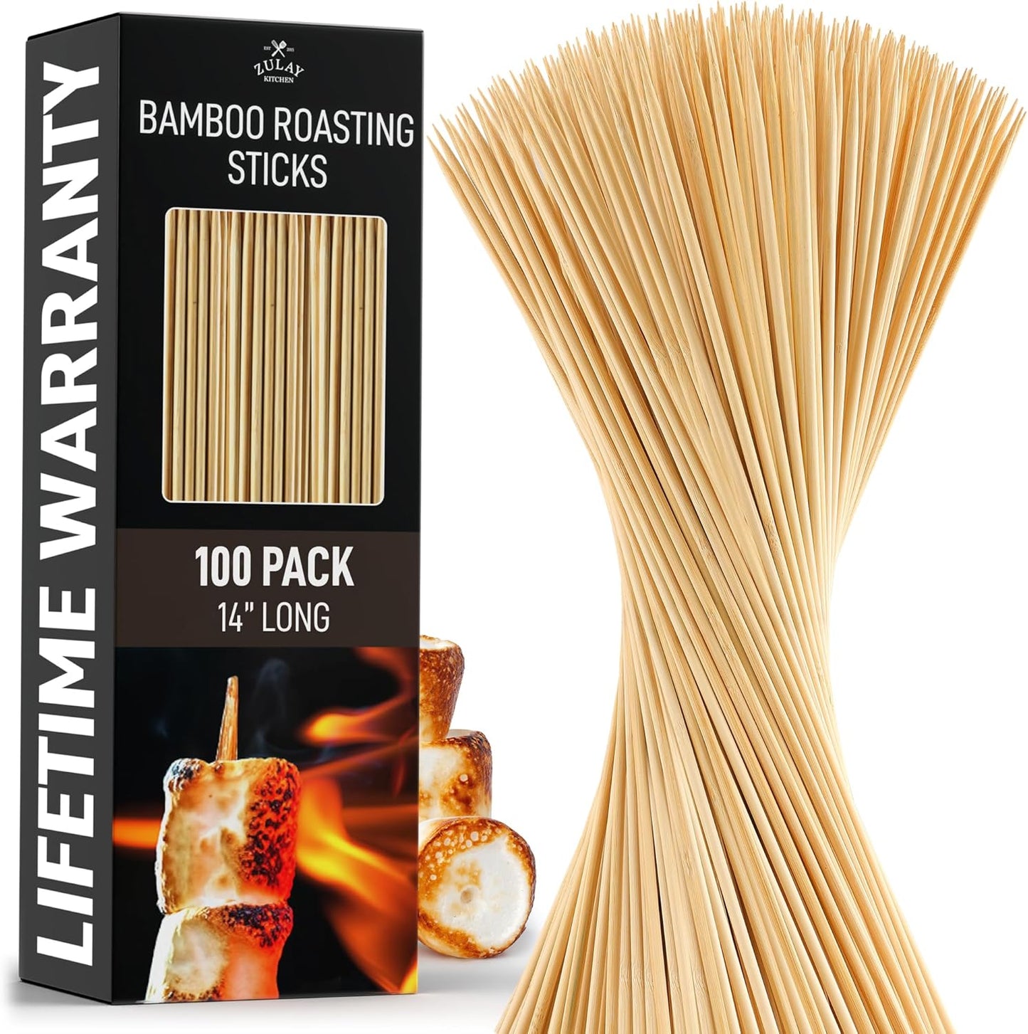 Zulay Kitchen Authentic Bamboo Skewers - 100, 14" Roasting Sticks - 5mm Heavy-Duty Bamboo Skewers - Thick Bbq Sticks - Ideal for Grilling & Camping