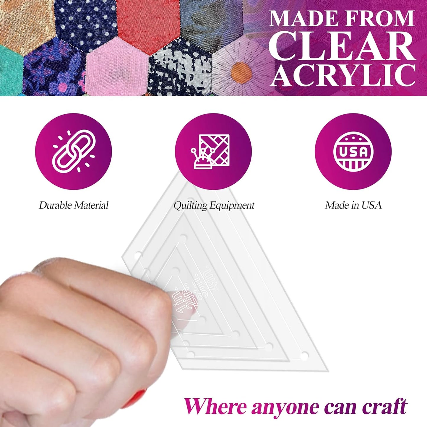 Quilting Acrylic Template Set | Precision Tools for Quilting Enthusiasts | Half Hexagon Design | Includes Sizes 4", 3", 2", 1" | 1/8 Clear Acrylic | 1/4" Seam Allowance for Accuracy