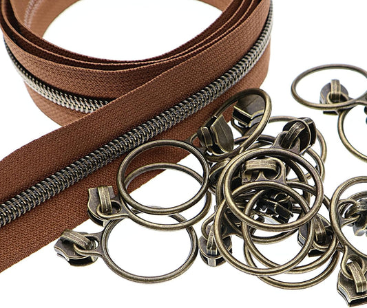 Leekayer #5 Antique Brass Metallic Nylon Coil Zippers by The Yard Bulk 10 Yards with Ring Pulls(Brown Tape with 25pcs Brass Sliders for DIY Sewing Tailor Craft Bag(Brown)