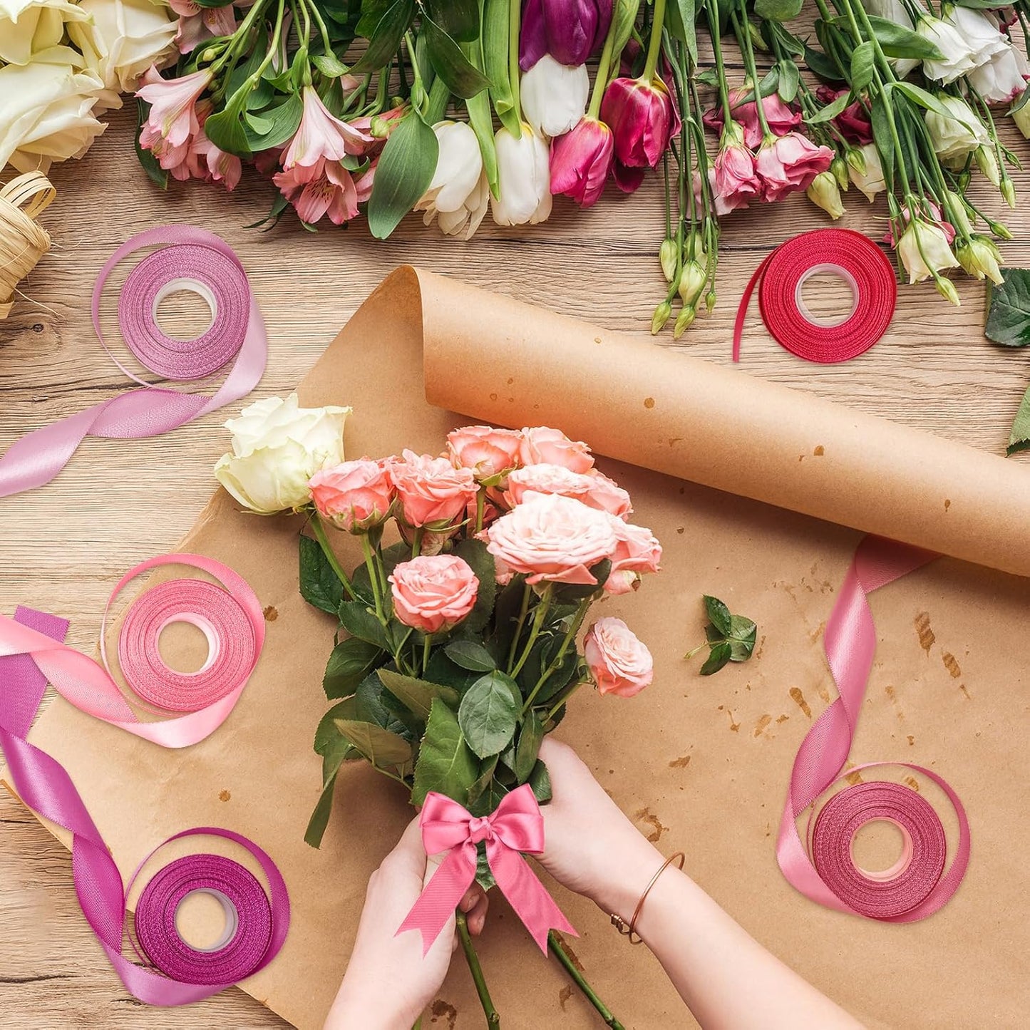 1-1/2 Inch Pink Satin Ribbons for Crafts, 6 Rolls Single-Faced Pink Assorted Ribbons for Gift Wrapping Flower Bouquet Wedding Invitations Bridal Shower Hair Bows Garland Party Decor