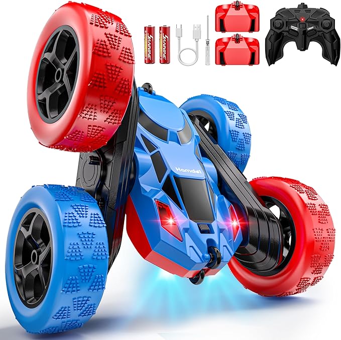 STEM Remote Control Car for Kids, 360° Spinning Double-Sided Coloured Design RC Stunt Car with LED Lights, USB-C Rechargeable Educational Toy for Boys Ages 6–12, Ideal Birthday