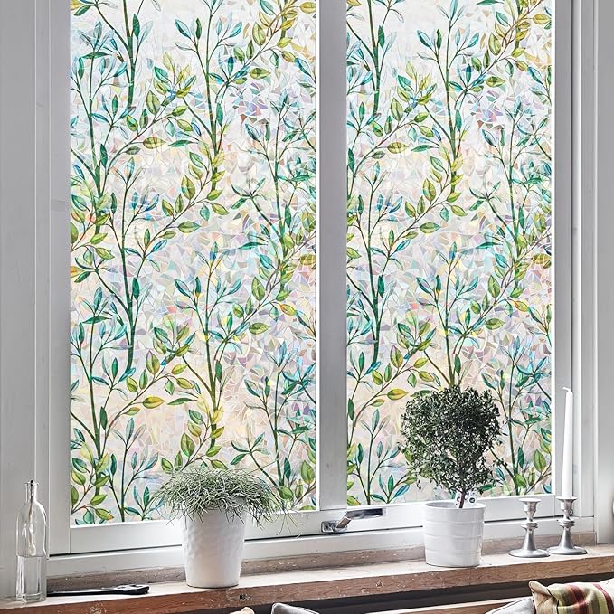 NINETREX Stained Glass Window Film 3D Decorative Cling, Sun Blocking Static Cling Removable Film for Glass Door, Home Decor Window Cover Non-Adhesive 45.2 x 157.4 inches, Leaf