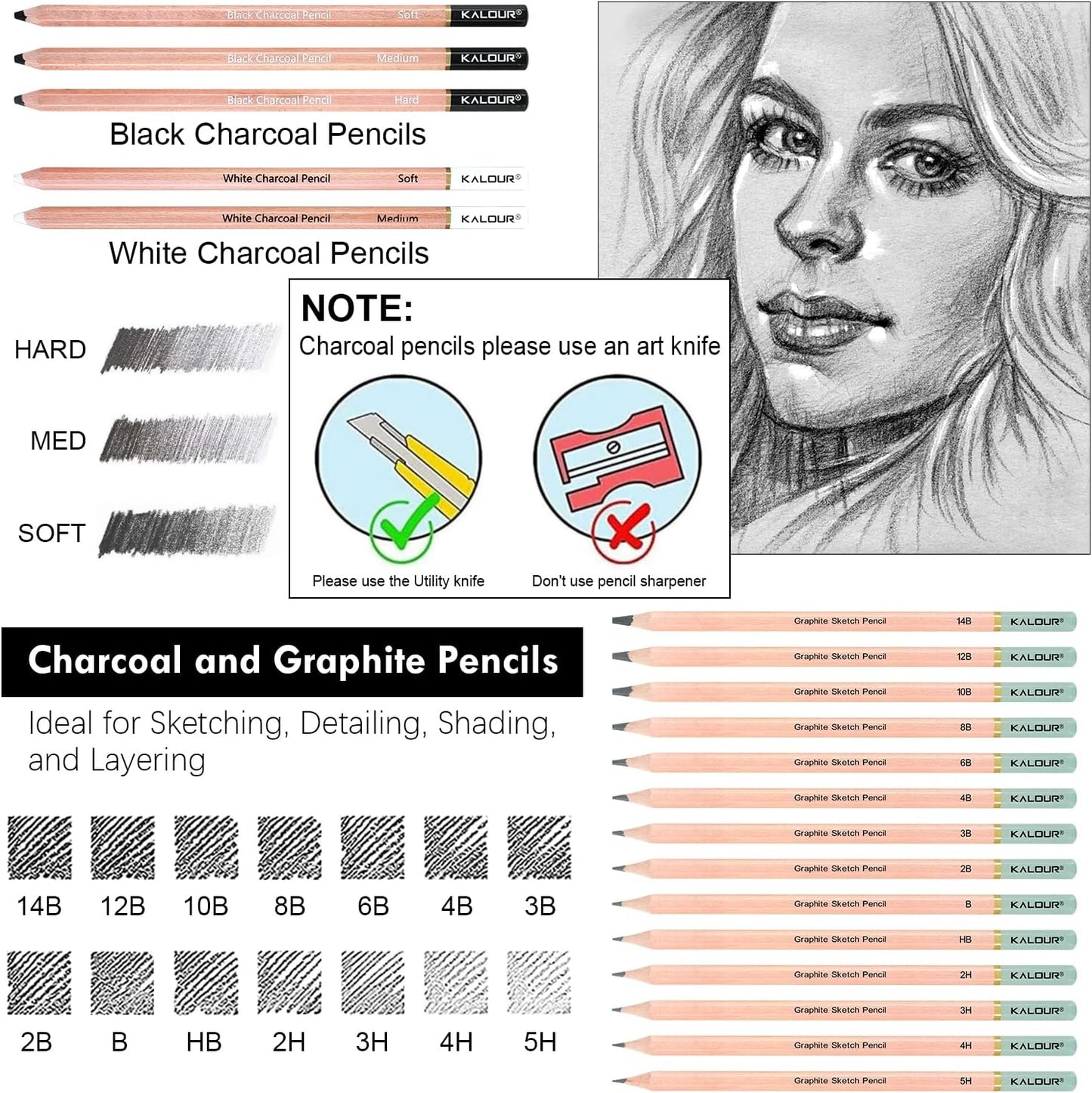 39pcs Drawing Pencil Set, Professional Sketch Pencils (5H-14B), Black and White Charcoal Pencils for Sketching, Eraser Brush Pen, Charcoal Sticks, Art Pencils Set for Artists & Beginners