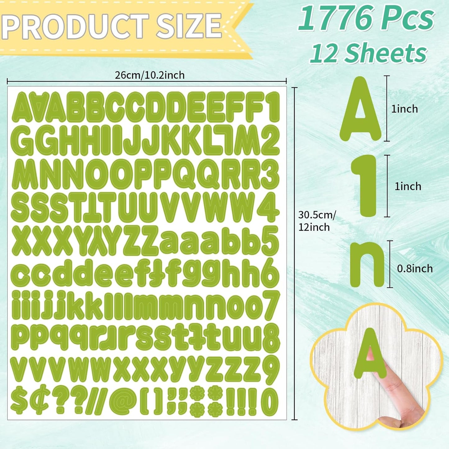 Alphabet Stickers, 1"Inch 12 Sheets Self-Adhesive Green Vinyl Letter Stickers for Mailbox Numbers, Bulletin Boards, Classroom & Home Decor