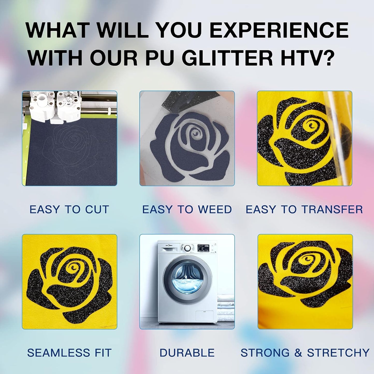 HTVRONT Black Glitter HTV Vinyl Roll - 10" x 8ft Black Glitter Iron on Vinyl for All Cutting Machines, Easy to Cut & Weed & Transfer