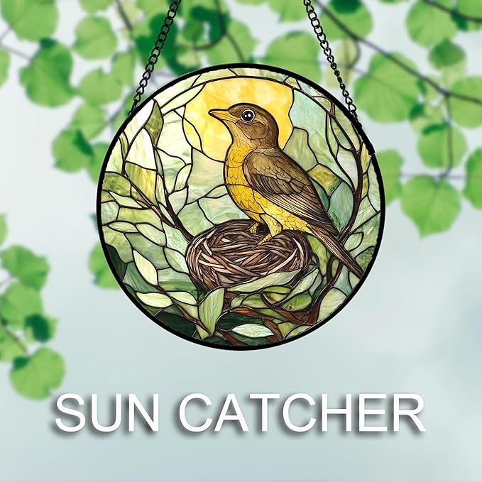 Stained Glass Window Hanging 4 Pcs Set Bird Theme On Branch 7.8" - Cardinal Suncatcher Door Garden Sun Catcher Decor Birthday Christmas for Mom Woman Nana Men