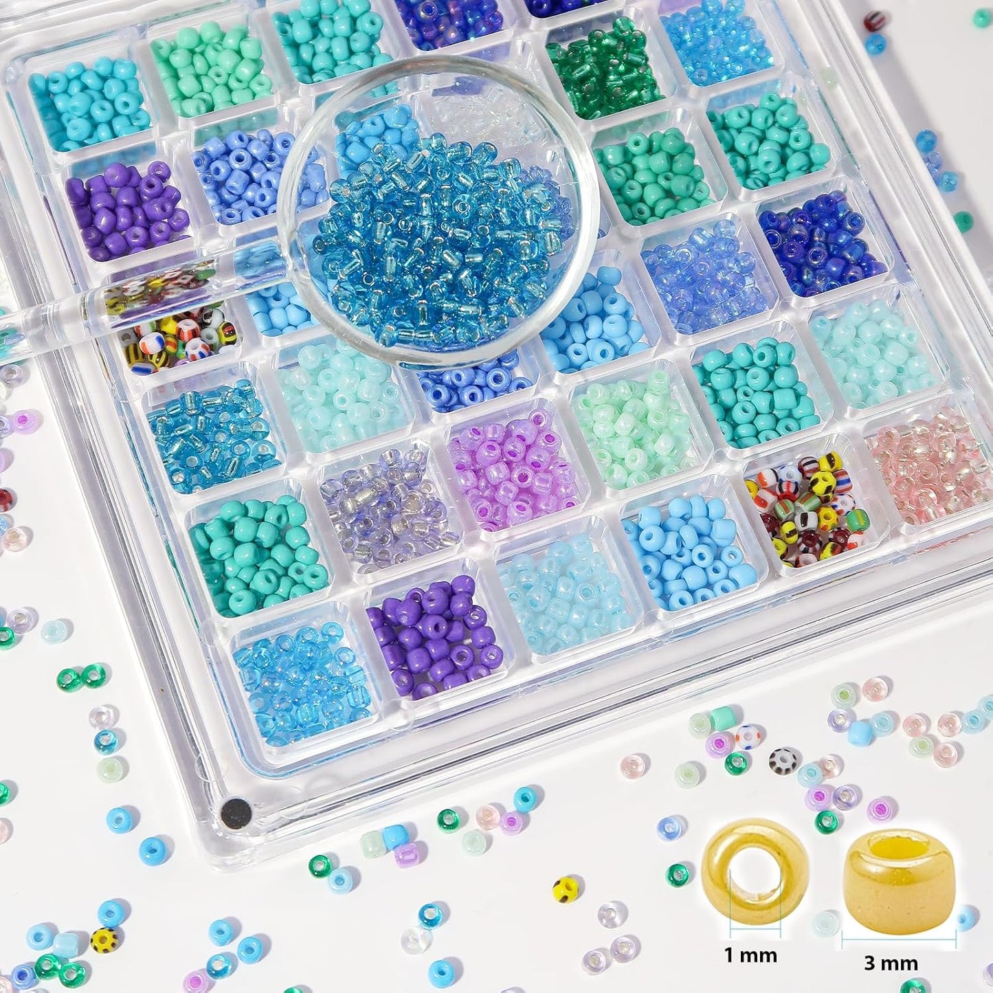 11200pcs Glass Seed Beads for DIY Crafting Bracelet Necklace Embroidery Jewelry Making Supplies (3mm, 400pcs/Color, 28 Colors, Blue Scheme)