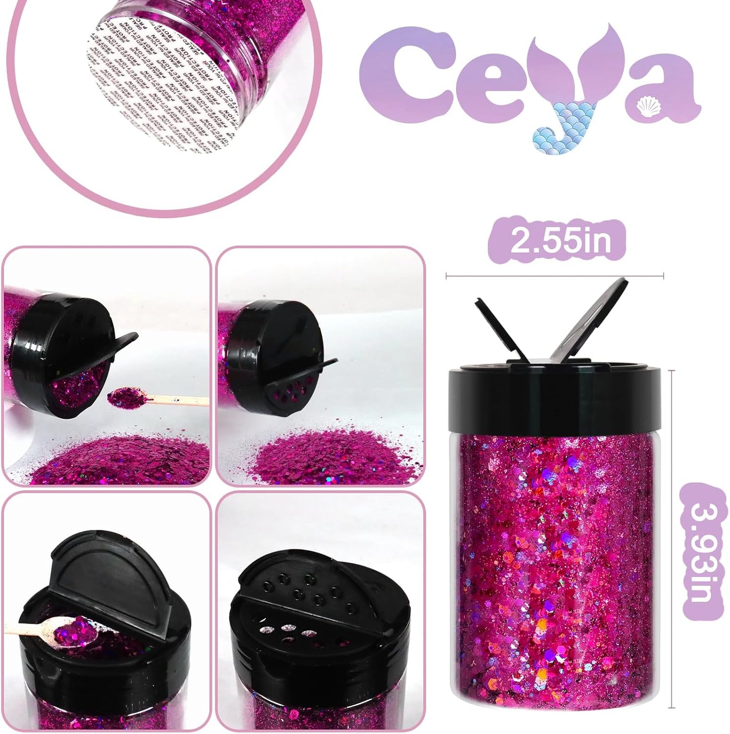 Ceya Holographic Chunky Glitter, 4.9oz/ 140g Fuchsia Craft Glitter Powder Mixed Chunky & Fine Flakes Iridescent Nail Sequins for Nail Art, Hair, Epoxy Resin, Tumblers, Slime, Painting, Festival Decor