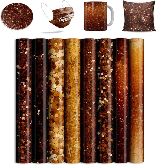 Gold Glitter Sublimation Transfer Sheets for Heat Press Machine,Orange Transfer Sheets for Sublimation Blanks Mug Tumbler T-Shirt Tote Bag,8 Sheets 12x12inch