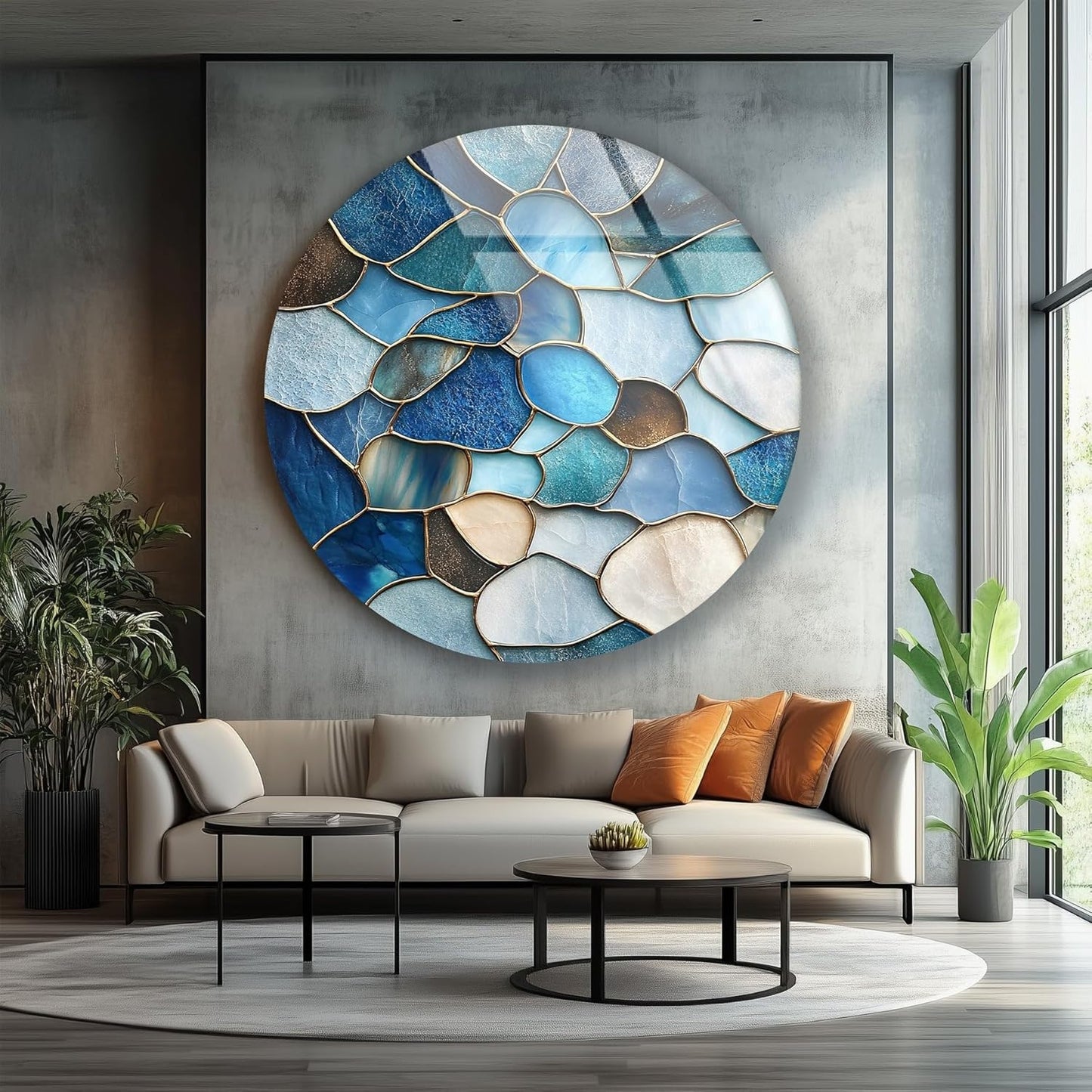 My Photostation.com 31.5''(80cm) Diameter Coastal Blue Stone Mosaic Round Glass Wall Art Tempered Glass Printing Wall Decor Large Wall Art Wall Hangings