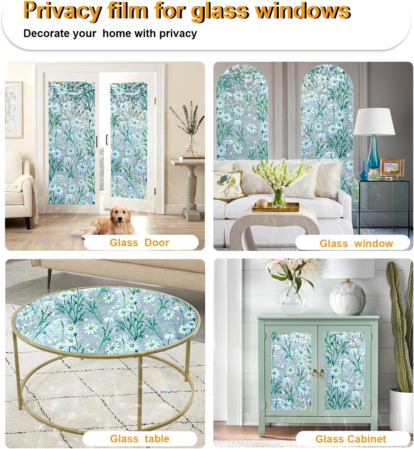 Window Privacy Film Stain Glass Window Film Rainbow Window Film Window clings Non-Adhesive Reusable Decorative for Room (Daisy Rainbow, 35.4 x 157.4 in)