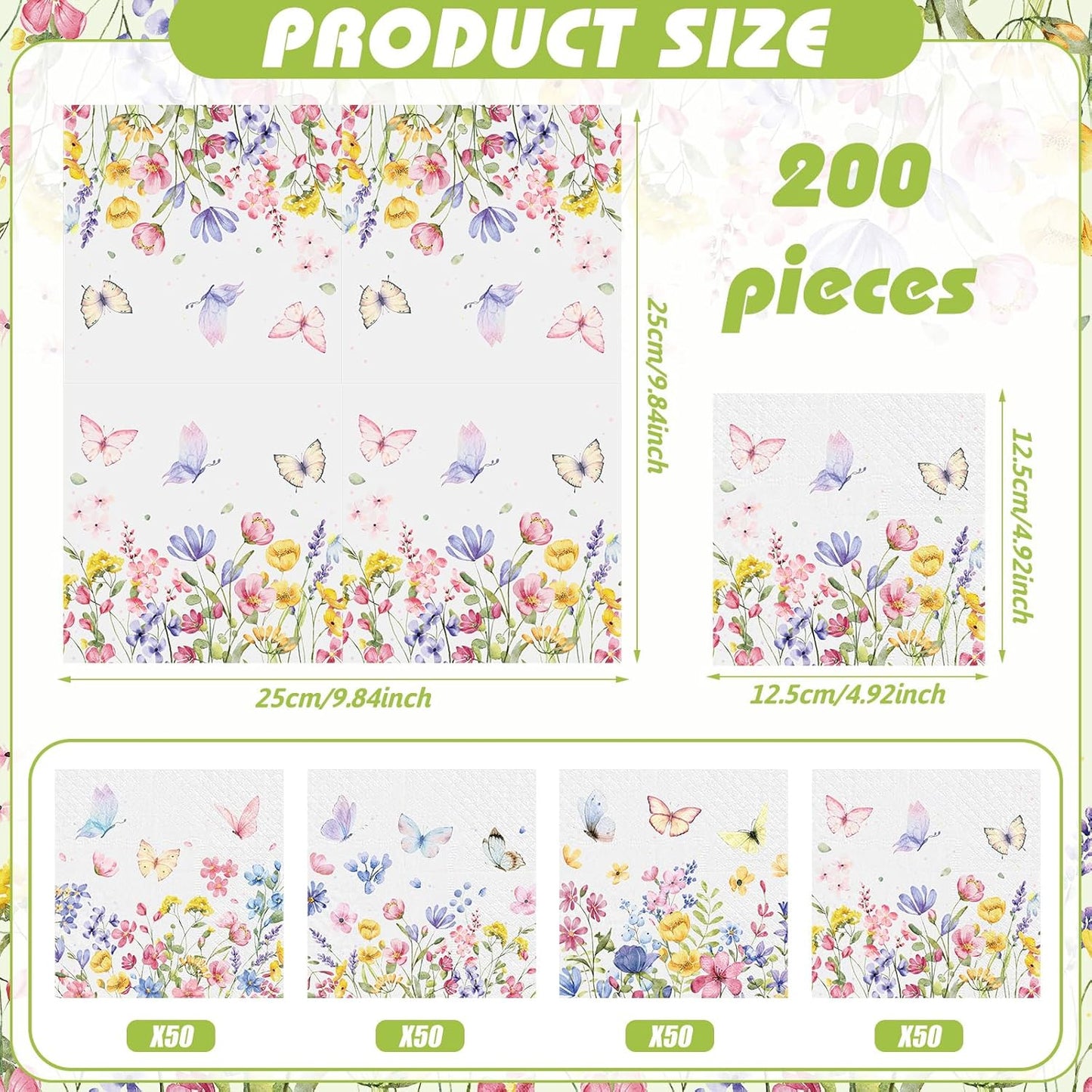Fulmoon 200 Pieces Summer Floral Cocktail Napkins Disposable Wildflower Dessert Paper Napkins Bulk Flower Decoupage Beverage Towel for Summer Tea Party Dinner Decorative