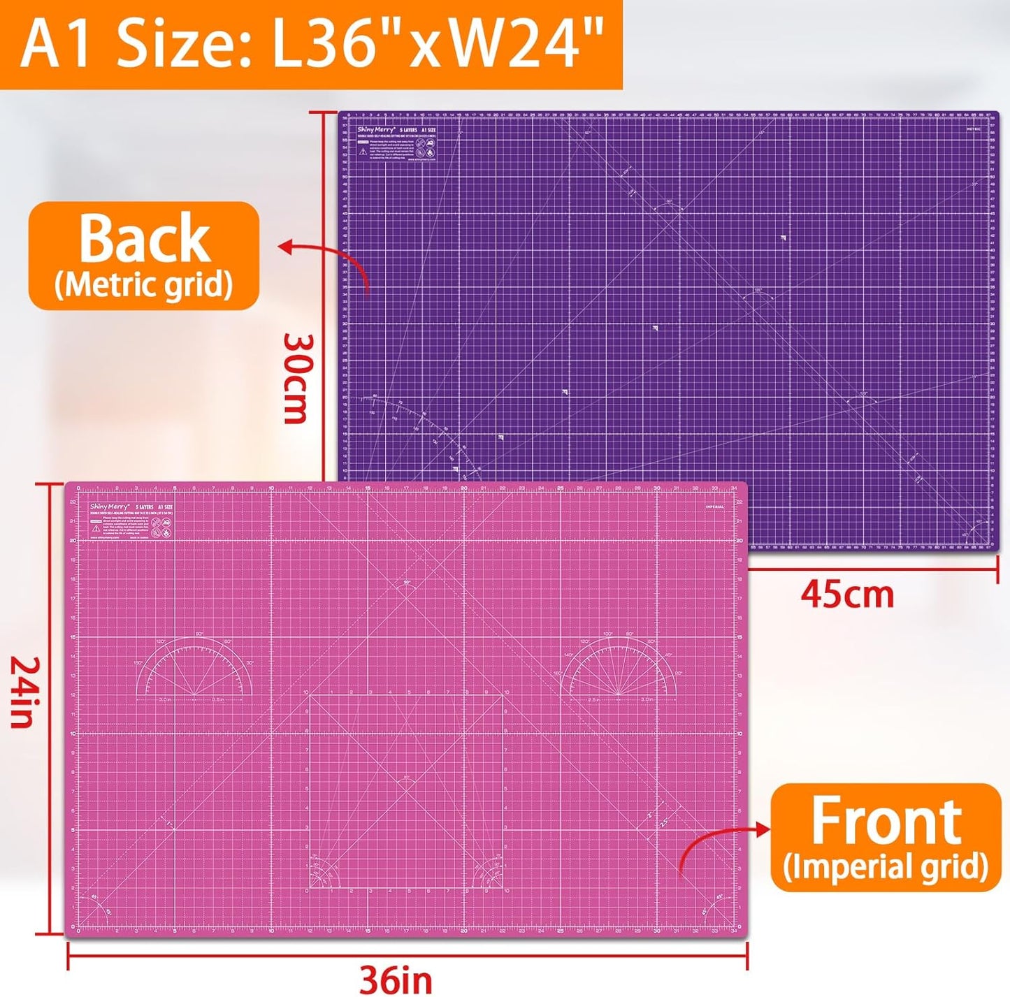 Self Healing Cutting Mat A1 24"x36" – Double Sided 5-Ply Craft Mat for Sewing, Quilting, Fabric, Scrapbooking – Pink/Purple