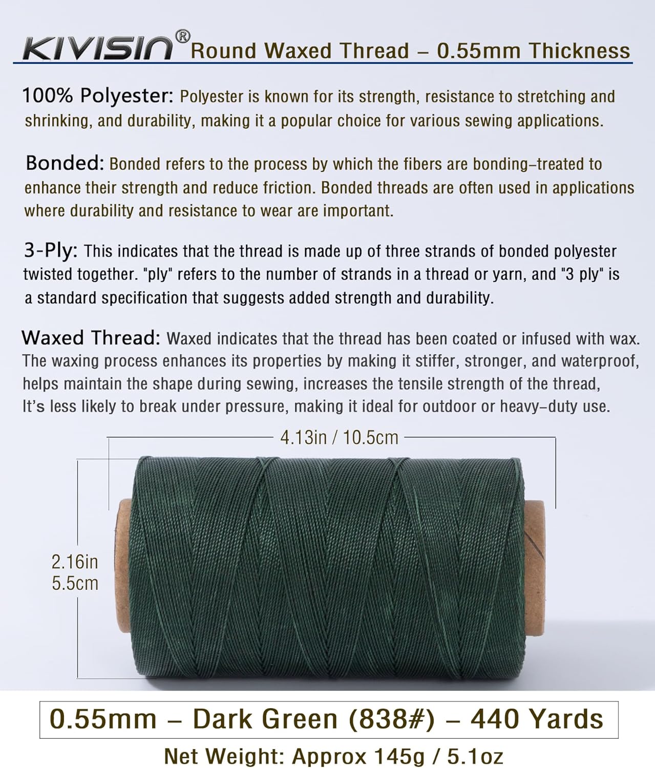 Round Waxed Polyester Thread 0.55mm, 440 Yards, Dark Green, Stiff 3 Ply Leather Wax String for Hand Sewing, Beading, Knotting, Book Binding, Upholstery, Macrame Jewelry and Bracelets Making
