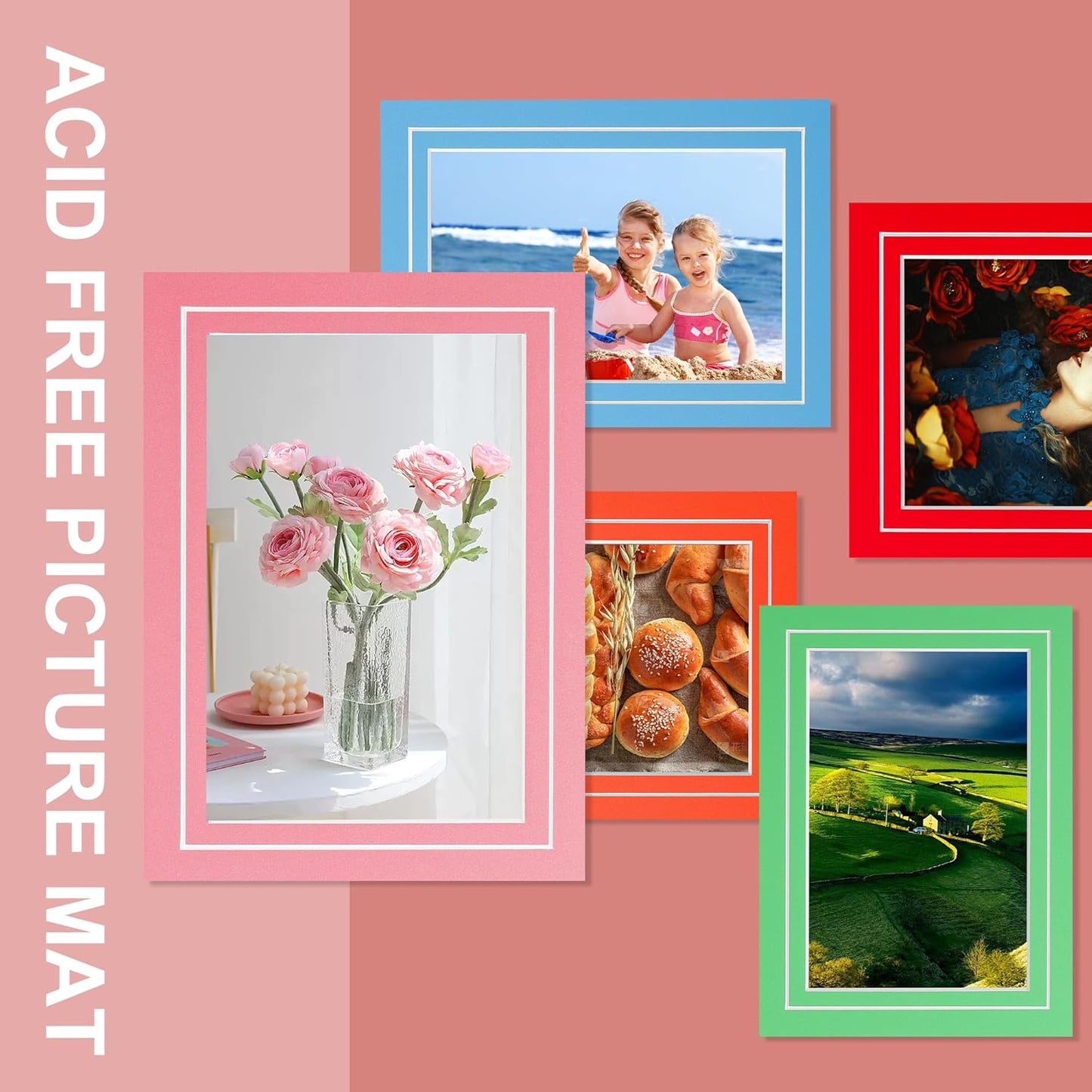 HOTUO 10 Pack 5x7 Colorful Picture Mats, 4 Ply Thickness Frame Mattes for 4x6 Photo, Photo Mat with Core Bevel Cut(Colorful with V-Groove)