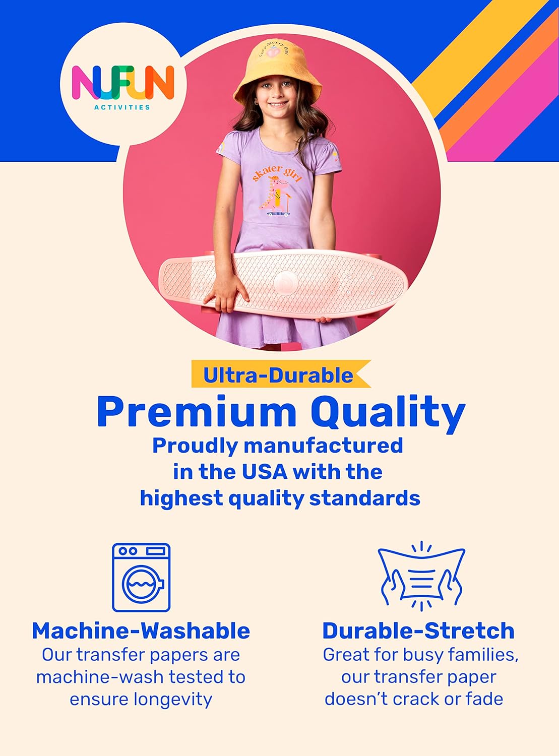 NuFun Activities Printable Iron-on Heat Transfer Paper for T Shirts, Dark Fabrics, 100 Sheets 8.5 x 11 inch, Long Lasting, Durable, Professional Quality, Easy DIY, Non-Toxic, Made In the USA