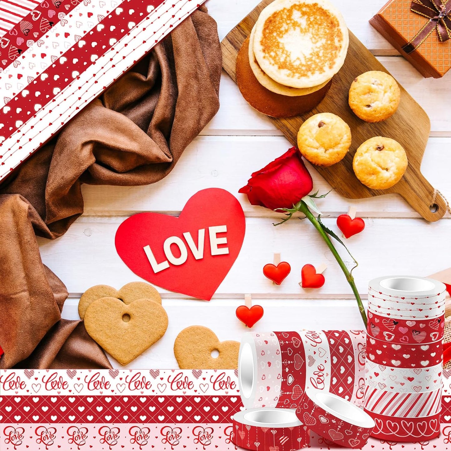 12 Rolls Love Heart Washi Tape Set, Red Stripe Checked Masking Tapes, Red Heart Decorative Tape for Journaling Supplies, Wedding Party, Junk Journal, Scrapbooking, Planner, DIY Arts Crafts 16.4FT