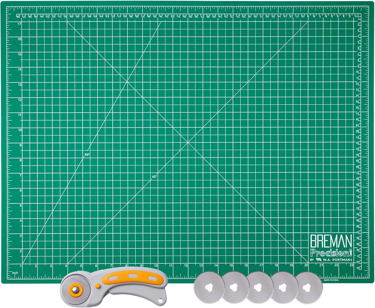 WA Portman Self Healing Cutting Mat & Rotary Cutter for Fabric Set – 18x24 Sewing Cutting Mats for Crafts with 45mm Fabric Cutter Wheel & 5 Rotary Blades – Quilting & Sewing Supplies Kit